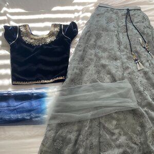 Velvet Navy Blue 3-Piece Lehenga Set